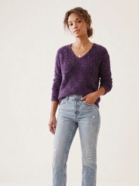 KENNETH COLE Reaction Eggplant  Deep Purple V-Neck Fuzzy Crewneck Sweater LARGE